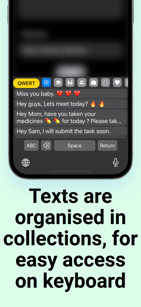 Paste Keyboard : Text Shortcut - iOS custom keyboard interface showing organized text shortcuts and message templates