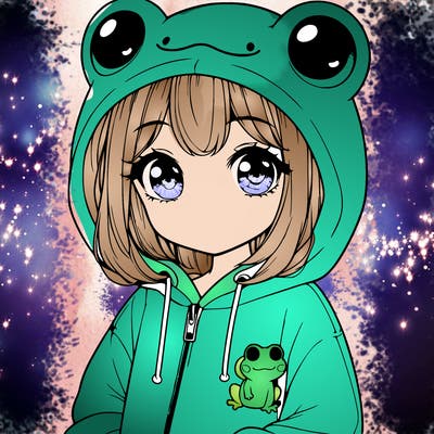 cute realistic girl in a froggy hoodie