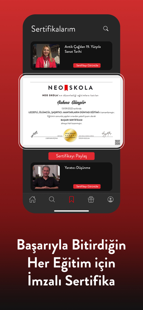 Neo Skola mobile app interface displaying a signed digital certificate for a completed online course.