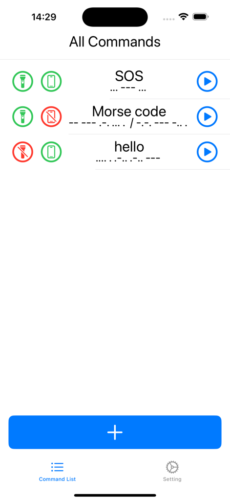 Morse Code Light - Interface of the Morse Code Light app showing a list of emergency commands like SOS with flashlight and screen signaling options.
