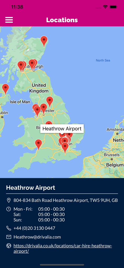 히드로 공항 지점 정보가 포함된 영국 Drivalia 자동차 렌탈 지점 지도