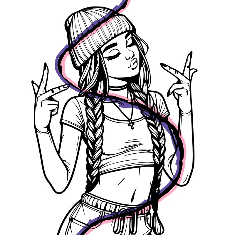 realistic teenage girl with braids and a beanie and crop top doing 🫶🏼