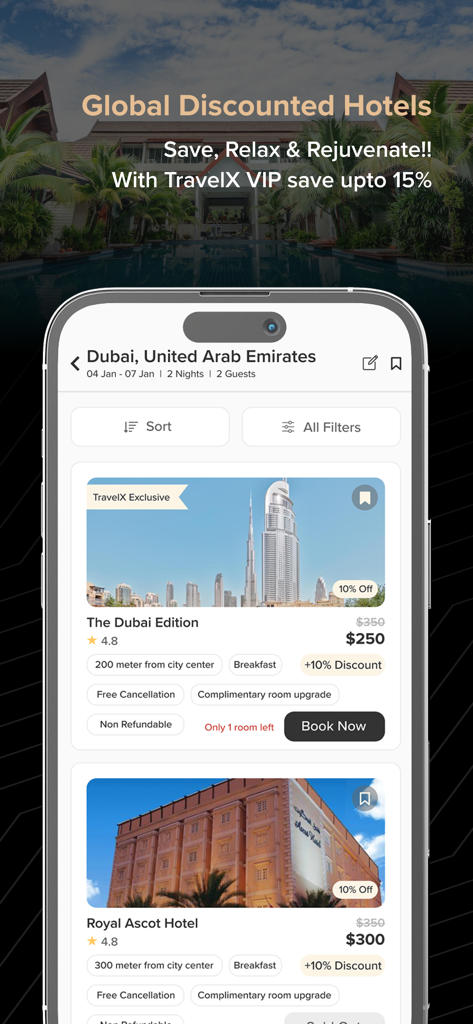 Travel VIP - Travel VIP mobile app showing luxury hotel bookings and discounts in Dubai