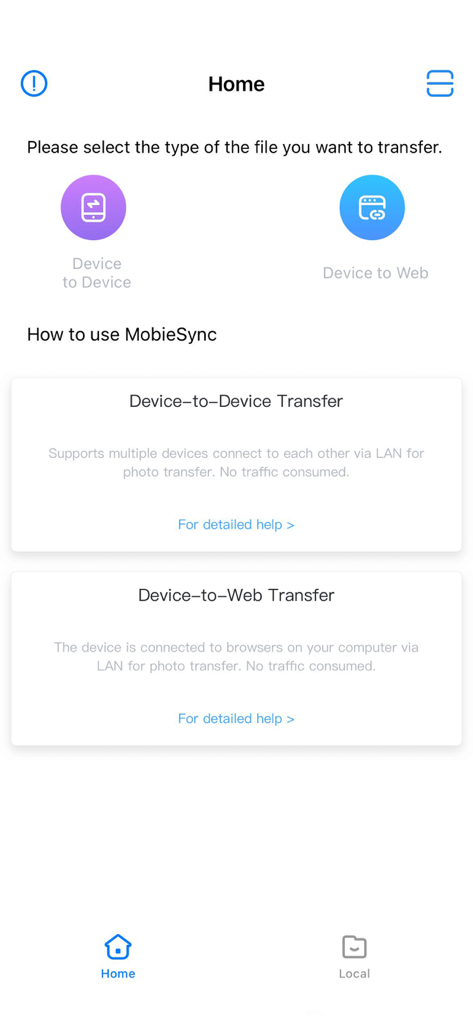 Écran d'accueil de l'application MobieSync montrant les options de transfert de fichiers entre appareil et Web