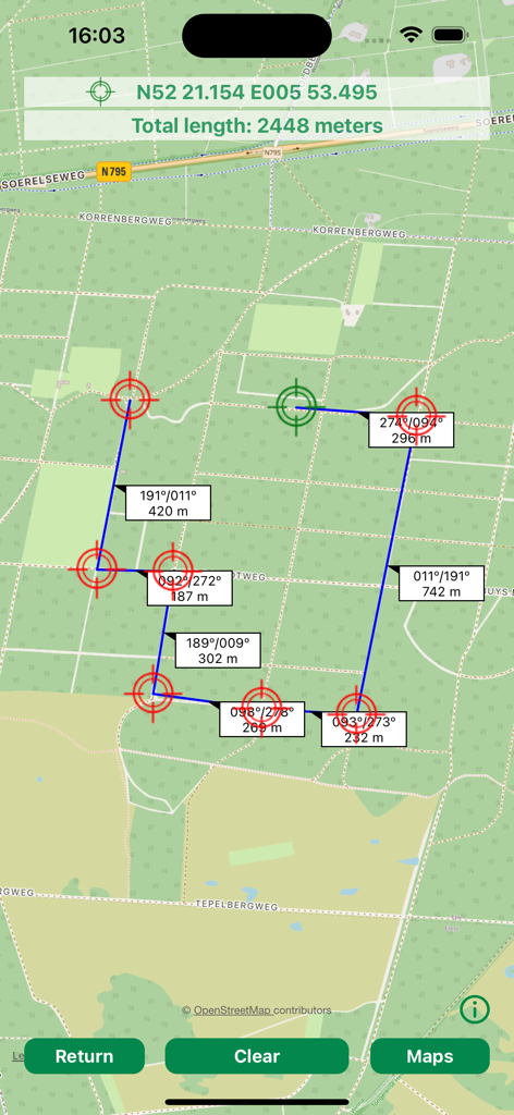 Geocaching GCTK app map showing waypoints with bearing and distance calculations
