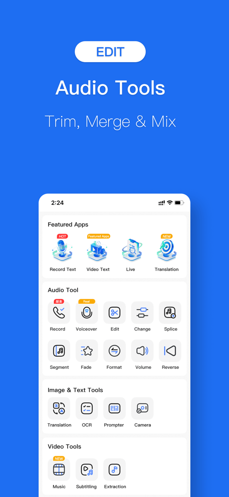 Speech To Text: Transcription - Screenshot of Speech To Text Transcription app showing audio tools for trimming, merging, and mixing audio files.