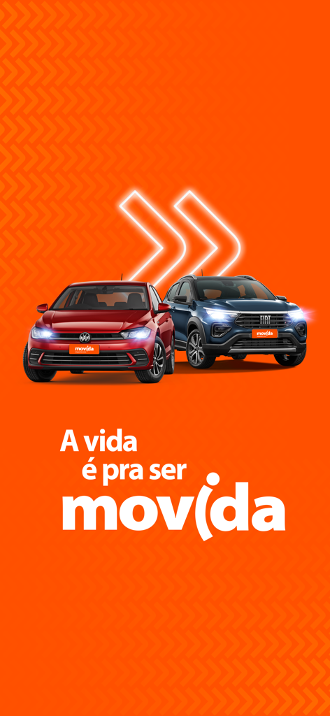 회사 로고와 밝은 주황색 배경에 빨간색과 파란색 자동차를 보여주는 Movida 렌터카 앱 스플래시 화면