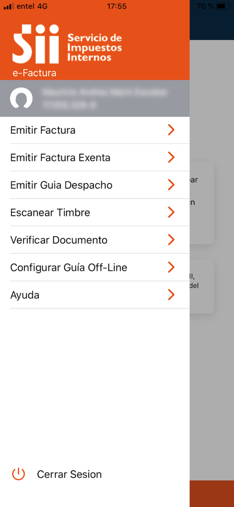 Menú de navegación principal de la aplicación móvil e-Factura que muestra opciones para emitir facturas y verificación de documentos