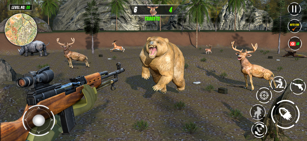 Animal Hunter : Hunting Games - First-person gameplay of Animal Hunter showing a sniper rifle aimed at a bear and deer in a wild environment.