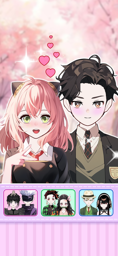 Anime Couple: Avatar Maker - Interfaz de un creador de avatares de parejas de anime que muestra una pareja romántica y varias opciones de estilos de personajes
