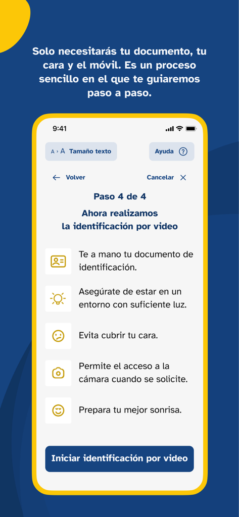 Screenshot of the VIVESS app showing the final step for video identification with instructions to prepare ID, find good lighting, and show your face.