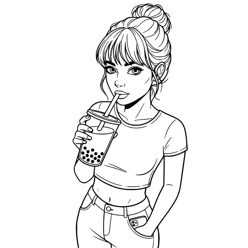 girl holding boba tea and a phone in her pocket a crop top and bun with curtain bangs