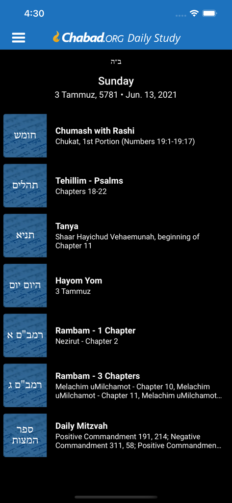 Chabad.org Daily Torah Study - Main dashboard of the Chabad Daily Torah Study app showing daily portions for Chumash Tehillim Tanya and Rambam
