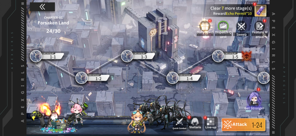 Apex Girls - Une capture d'écran montrant la carte du Chapitre 1 Forsaken Land et la progression du niveau dans le jeu mobile Apex Girls.