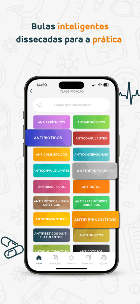 WeMeds mobile app interface displaying a categorized list of medical drugs including antibiotics and anticoagulants