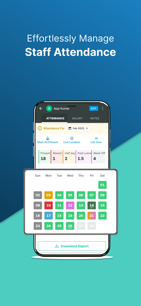 SalaryBox app interface for managing staff attendance with a calendar view and summary statistics.