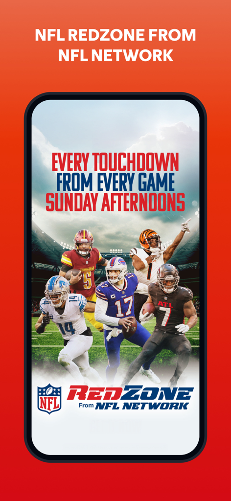 FuboでのNFL RedZoneのプロモーション画面。NFL選手と日曜日のフットボールカバレッジが表示されています。