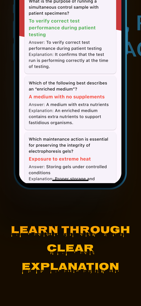 Medical Laboratory Prep 2025 - Interfaz de la aplicación Medical Laboratory Prep 2025 que muestra preguntas de práctica con explicaciones detalladas de las respuestas
