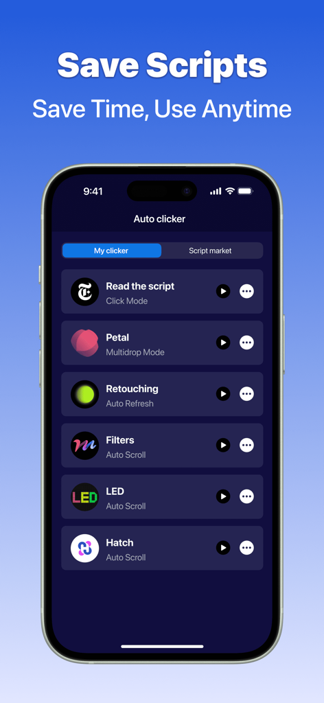 Interfaccia dell'app OP Auto Clicker che mostra un elenco di script di automazione salvati su un iPhone