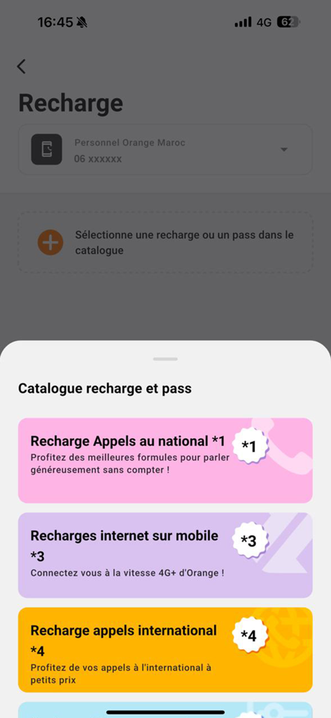 Max it – Maroc - Interface de l'application Max it Maroc affichant les catégories de recharge mobile et de forfait internet, comme les appels nationaux et internationaux.