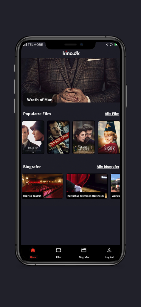 La pantalla de inicio de la aplicación kino.dk que muestra películas populares y listas de cines en Dinamarca