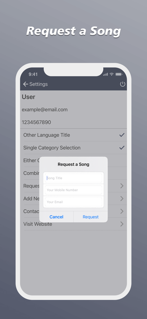 A screenshot showing the request a song popup form in the Song Lyrics Book app