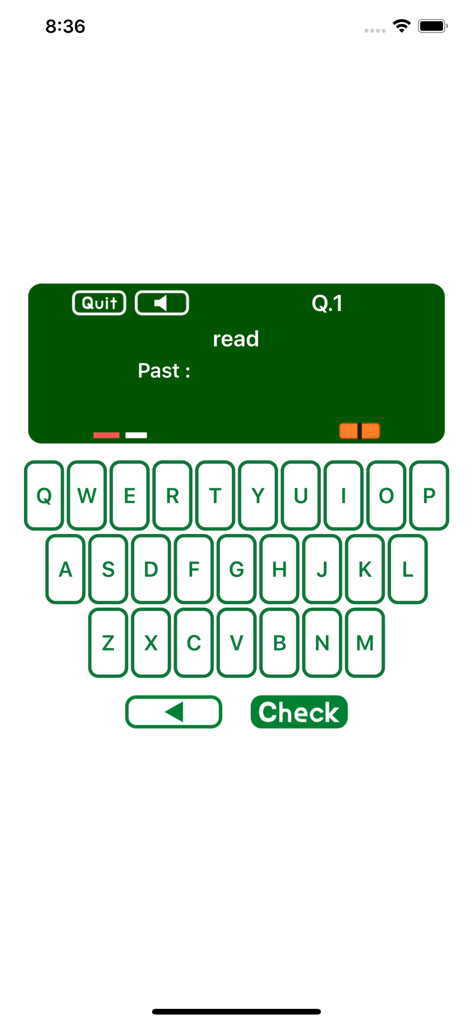 Irregular Verb Drill - Irregular Verb Drill app interface showing a past tense verb quiz with a custom on-screen keyboard.