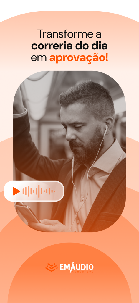 EmAudio Concursos - A man wearing headphones and using the EmAudio app to study while commuting on a train