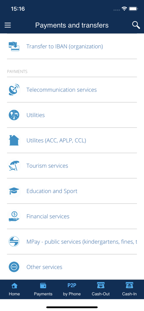 Menú de pagos y transferencias en la aplicación MICB Mobile Banking que muestra opciones de pago de servicios públicos y de servicios.
