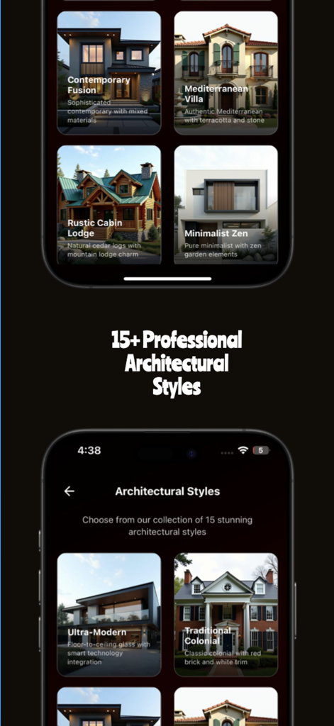 Home Elevation AI - Ein Bildschirm einer mobilen App, der verschiedene Architekturstile wie Ultra-Modern, Mediterranean Villa und Traditional Colonial für KI-gestützte Hausdesigns anzeigt.