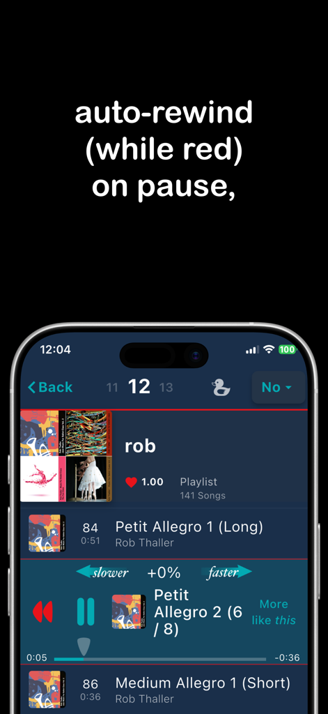 Cadance Dance Tempo Control - Interface du lecteur de musique de l'application Cadance montrant la fonction de rembobinage automatique lors de la pause