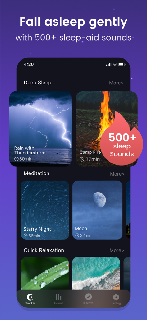 Mintal Tracker:Sleep Recorder - Oberfläche der Mintal Tracker App mit verschiedenen Einschlafhilfen und Meditationskategorien wie Tiefschlaf und Schnelle Entspannung.