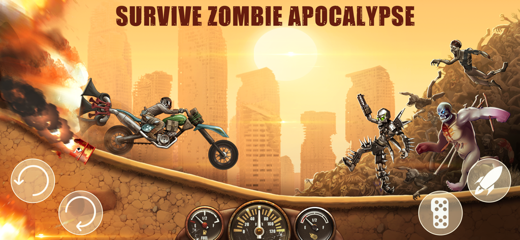 Dead Hill Racing: Zombie Climb - A biker on a weaponized motorcycle jumps over a hill toward a group of zombies in a post-apocalyptic city at sunset.