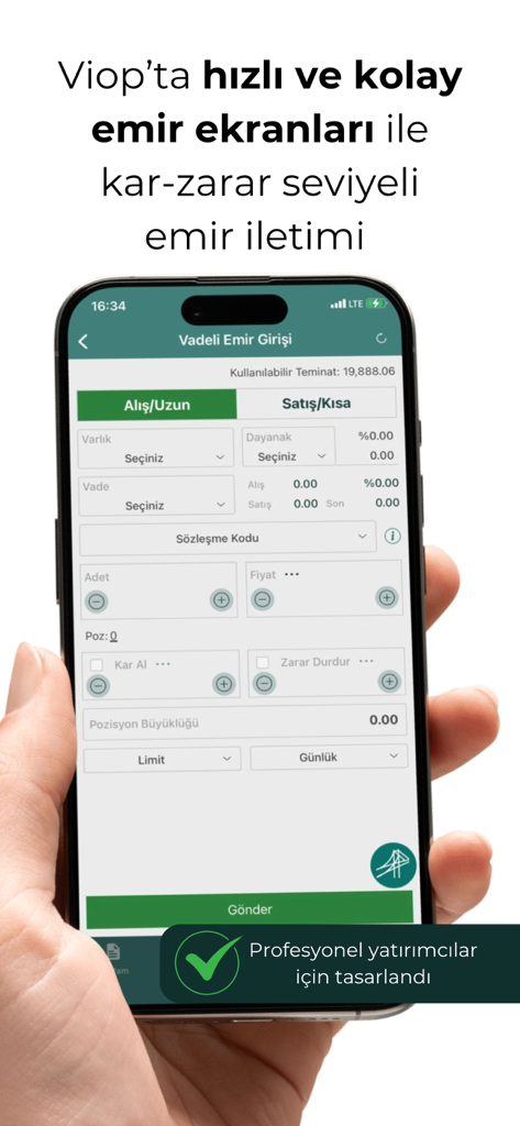 Osmanlı Aktif Trader - Osmanli Aktif Trader mobile app interface showing a futures trading order entry screen with take-profit and stop-loss options