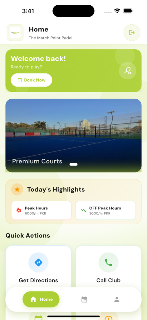 The Match Point PK - Pantalla de inicio de la aplicación The Match Point PK que muestra opciones de reserva de pistas de pádel, fotos de pistas premium y tarifas por hora.