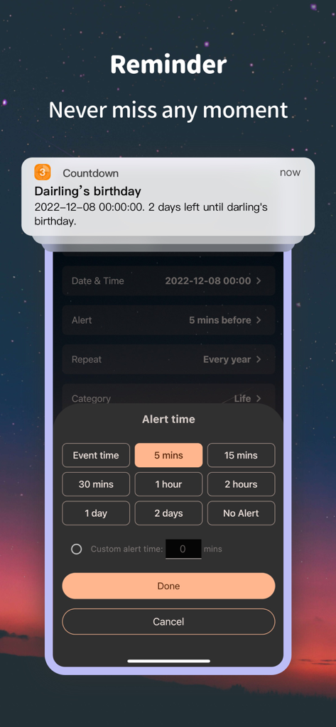 Countdown Calendar & Widget - A birthday reminder notification and alert time selection options on a starry background
