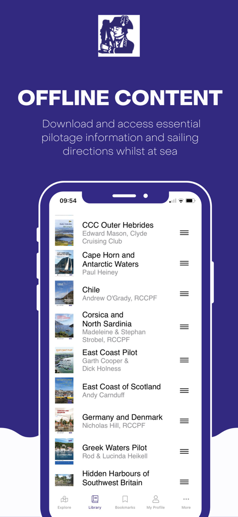 Interface do aplicativo Explore with Imray exibindo uma biblioteca de guias de cruzeiro náutico offline