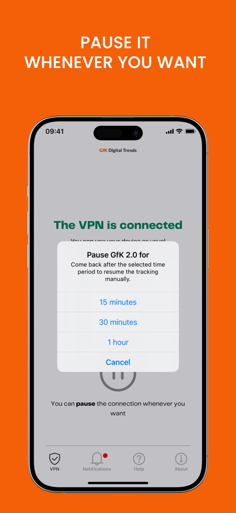 Digital Trends - Interface d'application mobile montrant les options pour mettre en pause le suivi VPN pour différents intervalles de temps