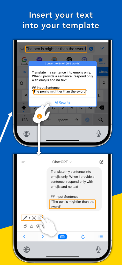 Bear - AI Keyboard - Interface of Bear AI Keyboard showing a text to emoji translation template using ChatGPT integration