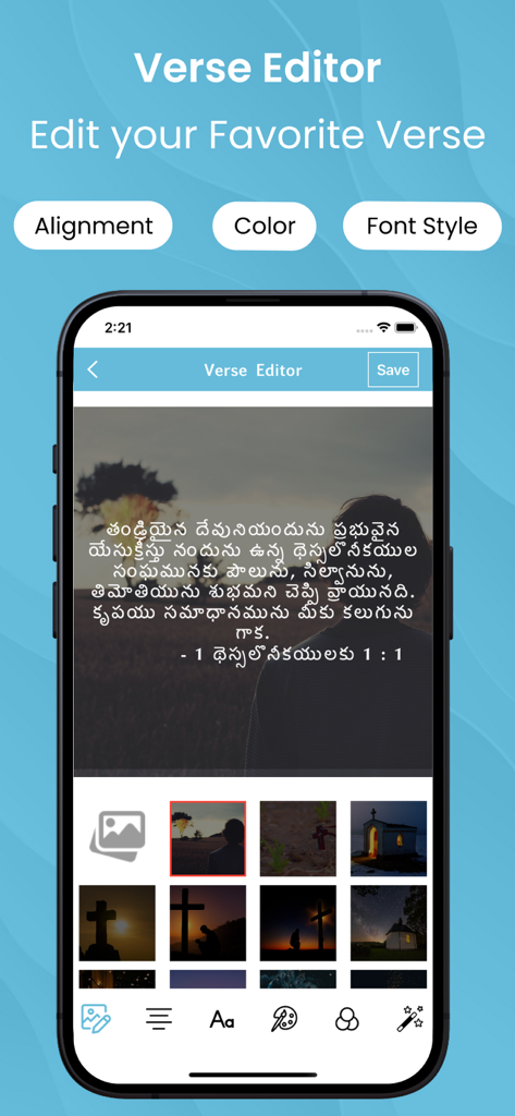 Telugu Bible Offline - A mobile interface showing the Verse Editor feature of the Telugu Bible app with options for alignment color and font style
