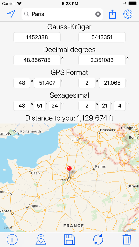 Oberfläche des Gauss-Krüger Koordinaten Tools, die mehrere Koordinatenformate und einen Kartenstandort für Paris anzeigt