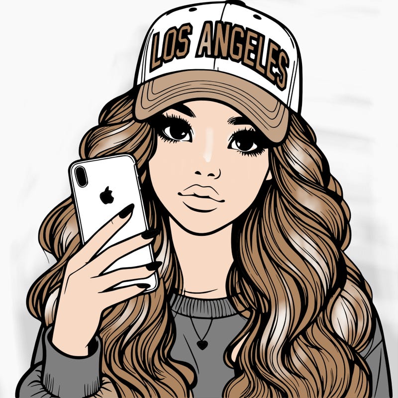 realistic beautiful girl wearing los ángeles cap holding an iphone
