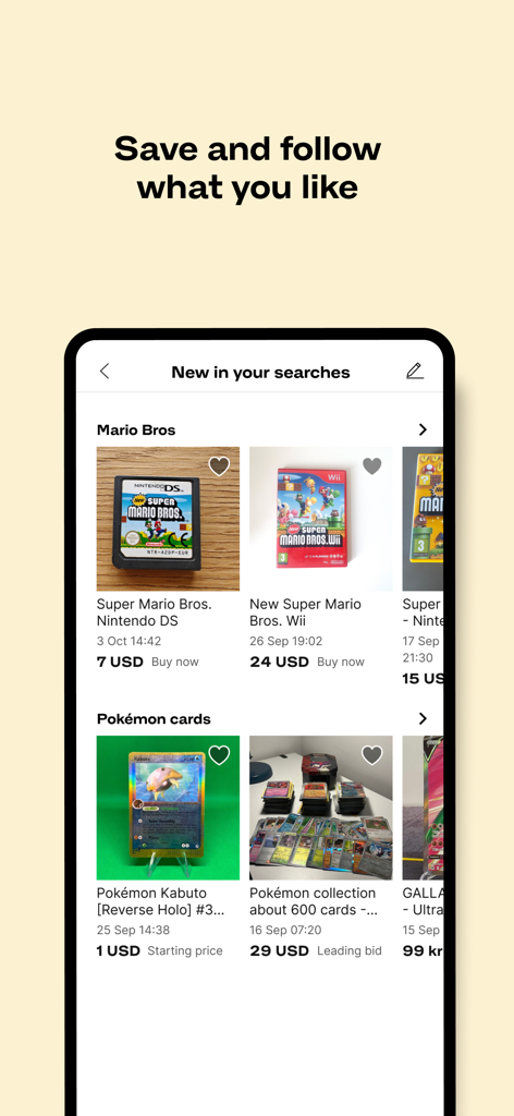 Tradera app interface showing new items in saved searches for video games and trading cards