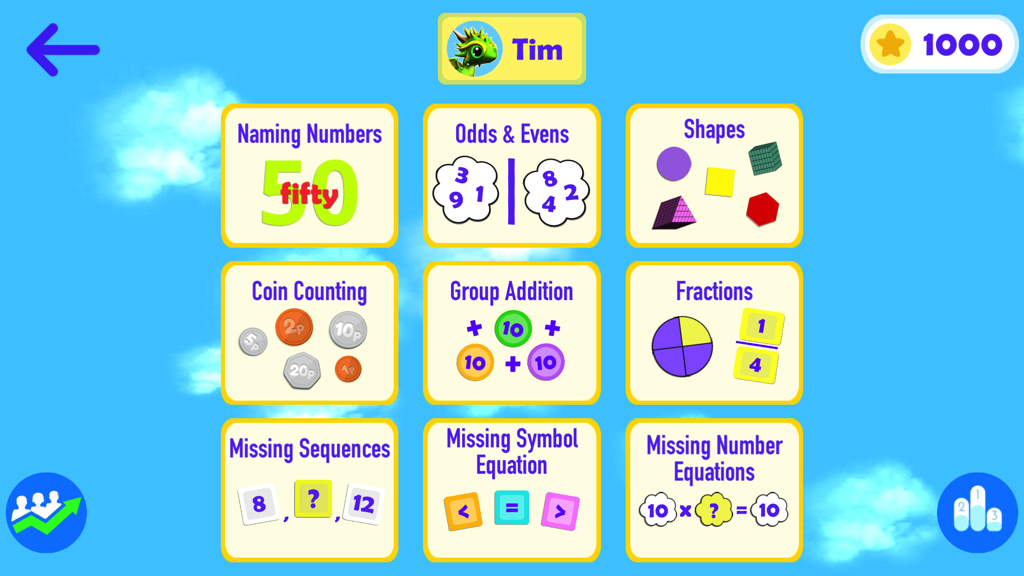 Menu principal de l'application Dragon Maths montrant neuf sujets d'arithmétique pour les enfants de l'école primaire.