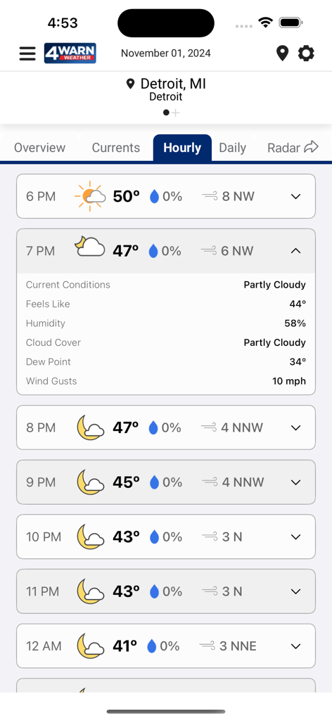 WDIV 4Warn Weather app hourly forecast for Detroit Michigan