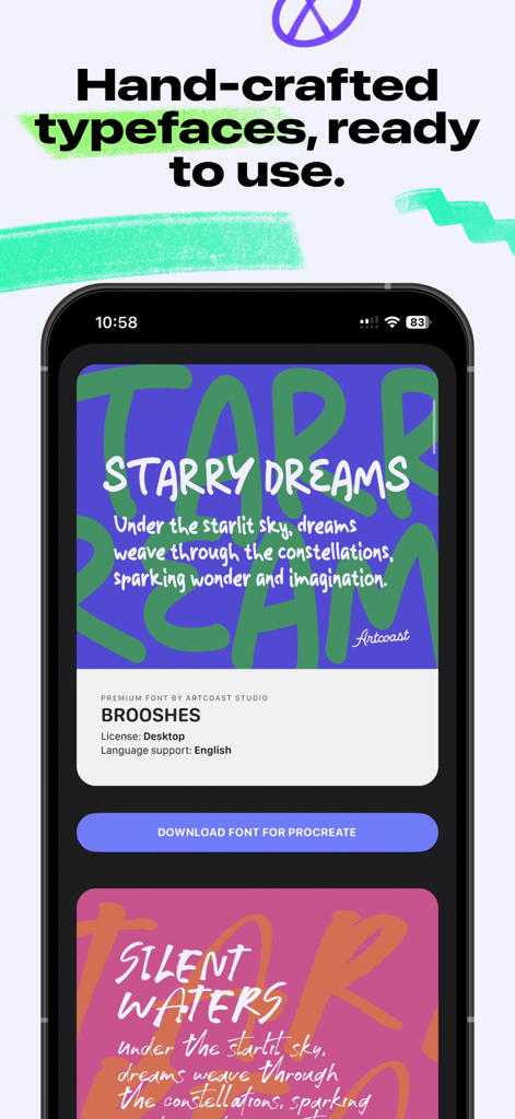 Selection of hand-crafted typefaces for Procreate in the Art Brushes for iPad app