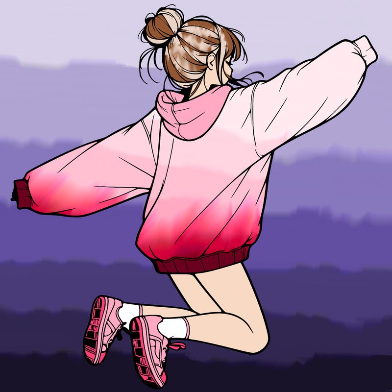 realistic girl jumping with a bun and oversized sweatshirt