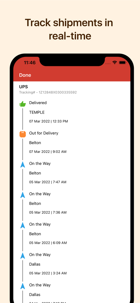 Zoho Inventory app screen showing real time shipment tracking with UPS status updates