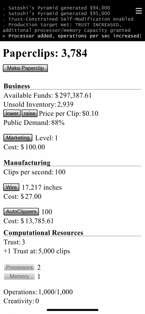 Universal Paperclips™ - Universal Paperclips mobile game interface showing business and manufacturing stats