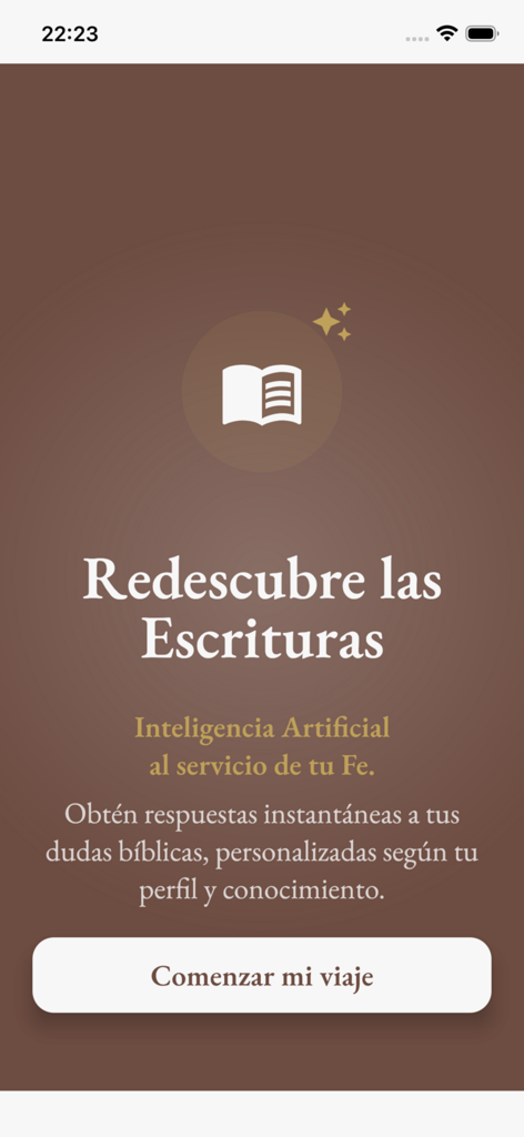 Tela de boas-vindas do aplicativo Bibl-IA com texto em espanhol Redescubre las Escrituras e um botão Iniciar Jornada